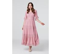 Izabel London Short Sleeve Crochet Maxi Dress - Pink - 16