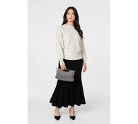 Izabel London Stripe Pleated Texture Knit Maxi Skirt for Women UK with a high Waist and a fit and Flare Shape. Black