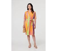 Izabel London Striped Knee Length Tie Waist Dress for Women UK with 3/4 Sleeves, a v-Neck and a tie Waist. Green