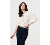 Textured Bardot Ruched Crop Top Izabel London White 16