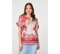 Izabel London Tropical Print 1/2 Sleeve Relaxed Top for Women UK with Turn-up Sleeves, Round Neck and Curve Hem. Red