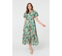 Tropical Print Frill Tiered Midi Dress Izabel London Green 12