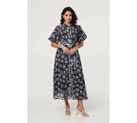 Izabel London Tropical Print Puff Sleeve Midi Dress - 10 - Navy