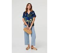 Izabel London Women's Tropical Print Short Sleeve Relaxed Top in Navy | Size: 10 Izabel London Navy 10