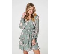 Izabel London Vintage Floral Long Sleeve Skater Dress - Sage - 10