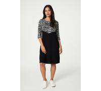 Izabel London Zebra Colour Block Mini Dress for Women UK with Round Neck, 3/4 Sleeves, Pockets and Short Skirt. Black
