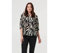 Izabel London Zebra Print 3/4 Sleeve Collarless Shirt In Black Black