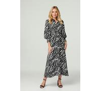 Izabel London Zebra Print Puff Sleeve Dress for Women UK with Collar, v-Neck, 3/4 Puff Sleeves and midi Length.