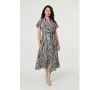 Zebra Print Tie Waist Midi Shirt Dress Izabel London Black 16