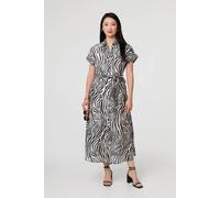 Izabel London Zebra Print Tie Waist Midi Shirt Dress - 8 - Black