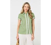Izabel London Zig Zag Trim Short Sleeve Shirt - Sage - 16