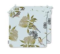 Izabela Peters Luxury Outdoor Waterproof Chair Seat Cushions Set Of 2 |High Density Foam Seat Pads for Garden Furniture, Indoors & Outdoors Dining Chairs | Bird On Elderflower Duck Egg