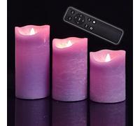 iZAN 3 Pack Real Wax Flameless Pillar Candles, 3”D X 4" 5" 6" H (Purple)