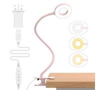 iZELL LED Desk Lamp【3 Color Modes & 10 Brightness】 Eye Caring Clip on Clamp Light with 40cm Flexible Gooseneck, Book Ring Light with Plug for Home Office, Kids, Reading, Clip on Table, Headboard-Pink