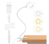 iZELL LED Desk Lamp【3 Color Modes & 10 Brightness】Eye Caring Clip on Clamp Light with 40cm Flexible Gooseneck, Book Ring Light with Plug for Home Office, Kids, Reading, Clip on Table, Headboard-White