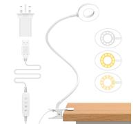 iZELL LED Desk Lamp【3 Color Modes & 10 Brightness】Eye Caring Clip on Clamp Light with 70cm Flexible Gooseneck, Book Ring Light with Plug for Home Office, Kids, Reading, Clip on Table, Headboard-White