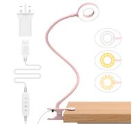 iZELL LED Desk Lamp【3 Color Modes & 10 Brightness】 Eye Caring Clip on Clamp Light with 70cm Flexible Gooseneck, Book Ring Light with Plug for Home Office, Kids, Reading, Clip on Table, Headboard-Pink