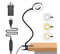 iZELL LED Desk Lamp with USB Adapter【3 Color Modes 10 Brightness】 Eye Caring Clip on Clamp Light, 40cm Flexible Gooseneck Book Ring Light for Gaming/Video Conference/Reading, Clip on Table, Headboard
