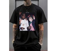 IZIWDORW Men's Black Casual Short Sleeve with Rapper & Anime Graphic Print 100% Cotton Regular Fit Machine Washable Streetwear Tee T Shirt