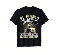 IZIWDORW Men's Plus Size Black Gothic Bohemian El Diablo Me Susurro The Devil Whispered Skeleton Beer & Spanish Text Graphic T Shirt