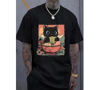 IZIWDORW T Shirt Men's Casual Short Sleeve Japanese Black Cat Eating Ramen Graphic Tee with Vibrant Orange