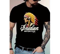 IZIWDORW T Shirt Men's Native American Chief Graphic Black Crew Neck Casual Shirt with Tribal Headwear Design