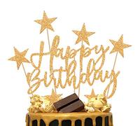 iZoeL 2 Sets Gold Cake Decoration Happy Birthday Banner Confetti Balloon Stars Heart Cake Topper for Man Boys Women Girls Gold Theme Birthday Decor Hen Party