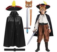 iZoeL Cat Costume for Boys Girls Kids Cat Warrior Costume Set - Cape, Hat, Cat Mask, Belt & Inflatable Sword - Storybook Character Outfit for World Book Day, Boys Fancy Dress & School Book Week