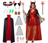 iZoeL Devil Costume Women Vampire Costume Women Halloween Fancy Dress Ladies Demon Halloween Cape Devil Horns Headband Fork Gothic Necklace & Earrings Lace Sleeves Teeth Accessories