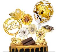iZoeL Gold Birthday Cake Decoration Happy Birthday Cake Topper Paper Fans Banner Confetti Balloon Fireworks Golden Cupcake Topper for Gold Theme Party Decor Girl Boy Kid Women Man