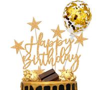 iZoeL Gold Cake Decoration Confetti Balloon Cake Topper Gold Happy Birthday Cake Topper Stars Heart Cupcake Topper for Women Man Boys Girls (gold)