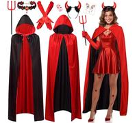 iZoeL Halloween Devil Costume Women Men Cape Halloween Vampire Cape Cloak with Devil Horns Headband Fork Face Tattoo Red Gloves Hooded Cloak Carnival Party Fancy Dress