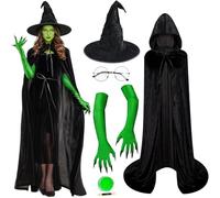 iZoeL Halloween Green Witch Costume Women - 5-Piece Hooded Cloak, Witch Hat, Green Face Paint, Long Gloves with Sharp Nails & Glasses - Perfect for Halloween, Cosplay, and Themed Parties
