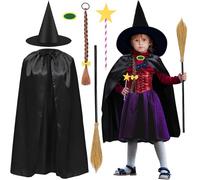iZoeL Halloween Witch Costume Girls Room On The Broom Costume Kids Girls- Black Cape Witch Hat Broom Braids Star Wand - Halloween Fancy Dress Accessories World Book Day Dress Up