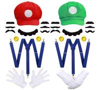 iZoeL Mario Hat with M Luigi Hats with L - Mario Caps Luigi Caps Mustaches Gloves Buttons - Party Hat set Cosplay Costume for Halloween Costumes Women Men Kids