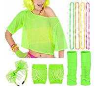 iZoeL Net Shirt Mesh Top 10 Pieces 80s Outfit Accessories Headband Necklace Gloves Leg Warmers 80s Women's Costume Neon Shirt Halloween Carnival Cosplay Party