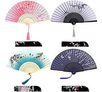 iZoeL Pocket Fans Folding Handheld Bamboo Fans with Tassel with 4 Delicate Bags Wedding Favours Party Guest Gift Wall Decoration Women Fan Blue & grey & Black & Pink