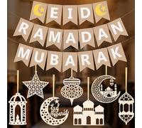 iZoeL Ramadan Mubarak Decorations Eid Mubarak Decorations Set Banner Wooden Hanging Ornaments with Gold Sticker Islamic Decor for Home Restaurant Offices Party Iftar & Eid al-Fitr Celebrations