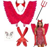 iZoeL Red Devil Costume Women Demon Halloween Costume Women, Red Wings Devil Horns Headband Fork Gloves Tattoos Pitchfork For Men Halloween Accessories Girls