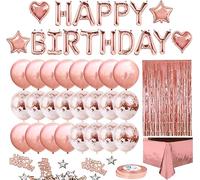 iZoeL Rose Gold Birthday Party Decoration for Girls Women Happy Birthday Banner, Rose Gold Fringe Curtain Foil Tablecloth, Heart Star Confetti Balloons and 10g Table Confetti