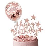 iZoeL Rose Gold Cake Decoration Confetti Balloon Cake Topper 5inch for Women Girls Rose Gold Happy Birthday Banner Stars Heart Cupcake Topper (rose gold)