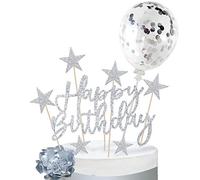iZoeL Sliver Cake Decoration Confetti Balloon Cake Topper Sliver Happy Birthday Cake Topper Stars Heart Cupcake Topper for Women Man Boys Girls (silver)