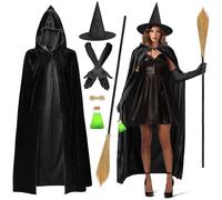 iZoeL Witch Costume Women Adult Halloween Costumes Women - Spider Witch Hat Black Cape Long Broom Black Gloves Magic Bottles- Ladies Halloween Costume Accessories Party Fancy Dress Outfit