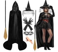 iZoeL Witch Costumes for Women Adult Halloween Costumes Woman Witches Hat Adult Black Cape Nose Witch Broom Gloves Ladies Outfit Accessories Girls Party Fancy Dress
