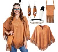 iZoeL Women’s Fringe Poncho Costume Set, Boho Western Outfit Indian Accessories with Feather Headband, Earrings & Tassel Bag, 70s Hippie Fancy Dress Ladies for Halloween Festival Easy Outfit