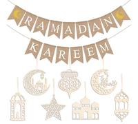 iZoeL Wooden Ramadan Decorations Ramadan Kareem Decorations for Home, Burlap Ramadan Kareem Banner Wooden Hanging Ornaments for Islam Ramadan Hanging Wall Decor
