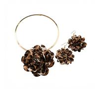 Izpack Leopard Print Satin Rose Flower Jewelry Set for Women Vintage Fabric Big Floral Petal Camellia Collar Choker Necklace Dangle Drop Hook Hoop Earrings Boho Statement Jewelry for Party