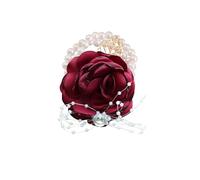 Izpack Wedding Satin Rose Flower Wrist Corsage Fabric Flowers Gold Leaf Beaded Pearls Stretch Bracelet Wristband Elegant Prom Party Jewelry for Women Bride Bridesmaid Hand Decor, M, Fabric, no
