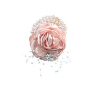 Izpack Wedding Satin Rose Flower Wrist Corsage Fabric Flowers Gold Leaf Beaded Pearls Stretch Bracelet Wristband Elegant Prom Party Jewelry for Women Bride Bridesmaid Hand Decor, M, Fabric, no