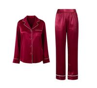 IZURIA lapel silk-like wine red long sleeved top and pants set S